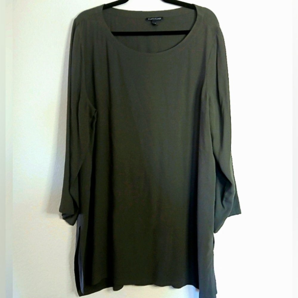 Eileen Fisher 100% Silk Crepe Georgette Dark Gray Graphite Tunic Size Large